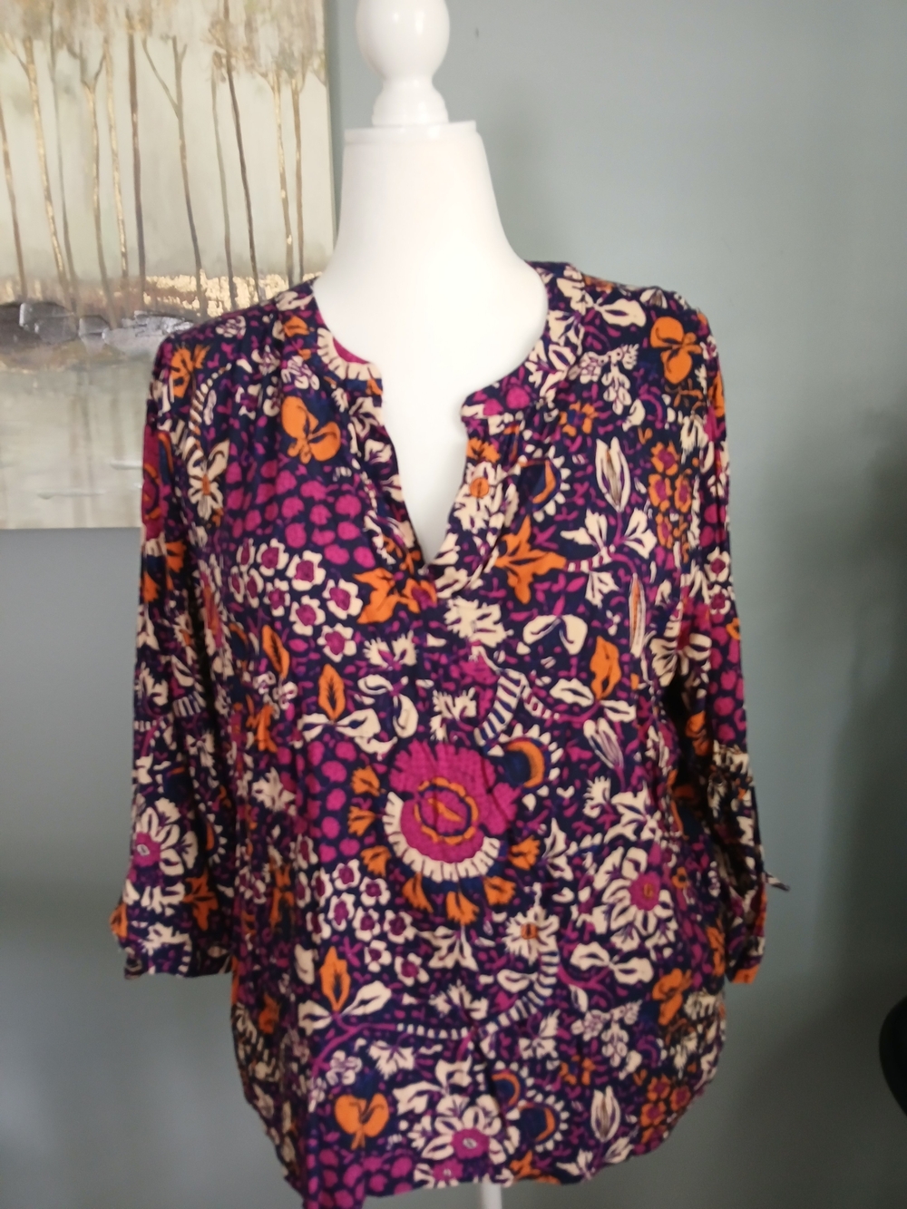 Rachel Zoe Purple Floral Split-Neck Blouse with Orange Accents